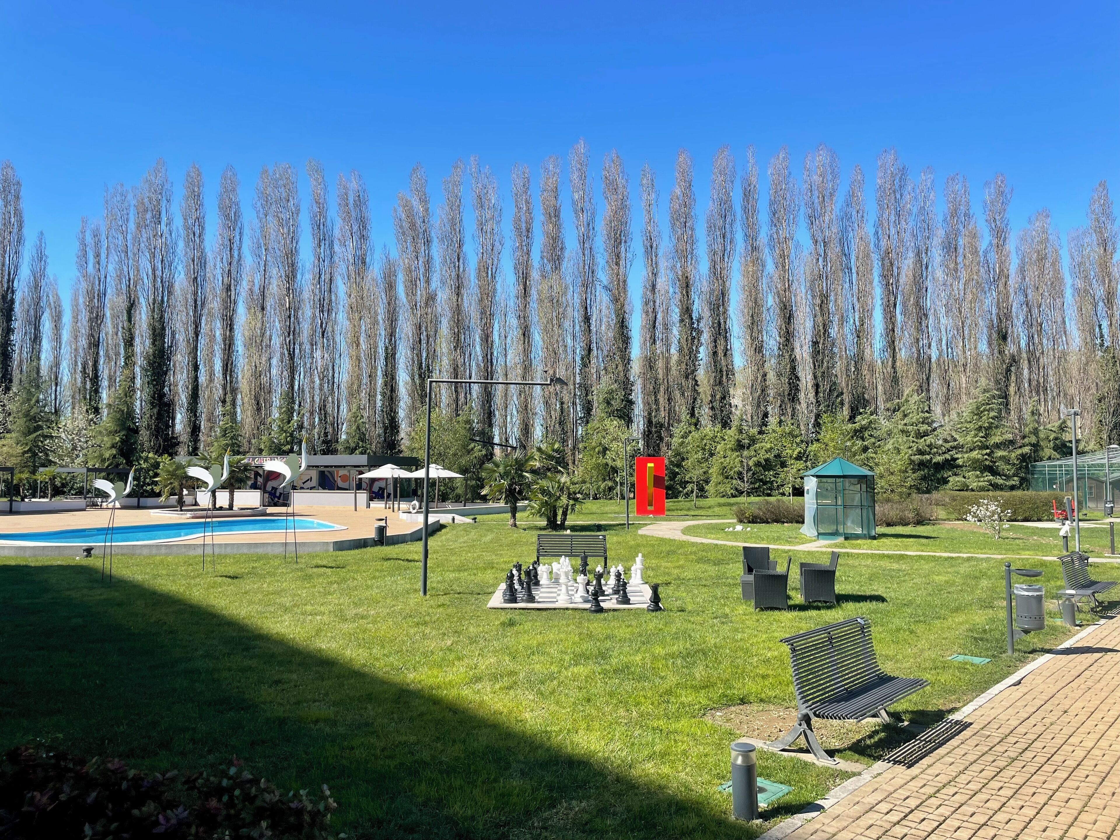 A park with a chessboard, benches, a pool, and tall trees.