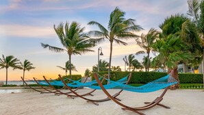 A row of blue hammocks on a sandy beach with palm trees and a clear sky.