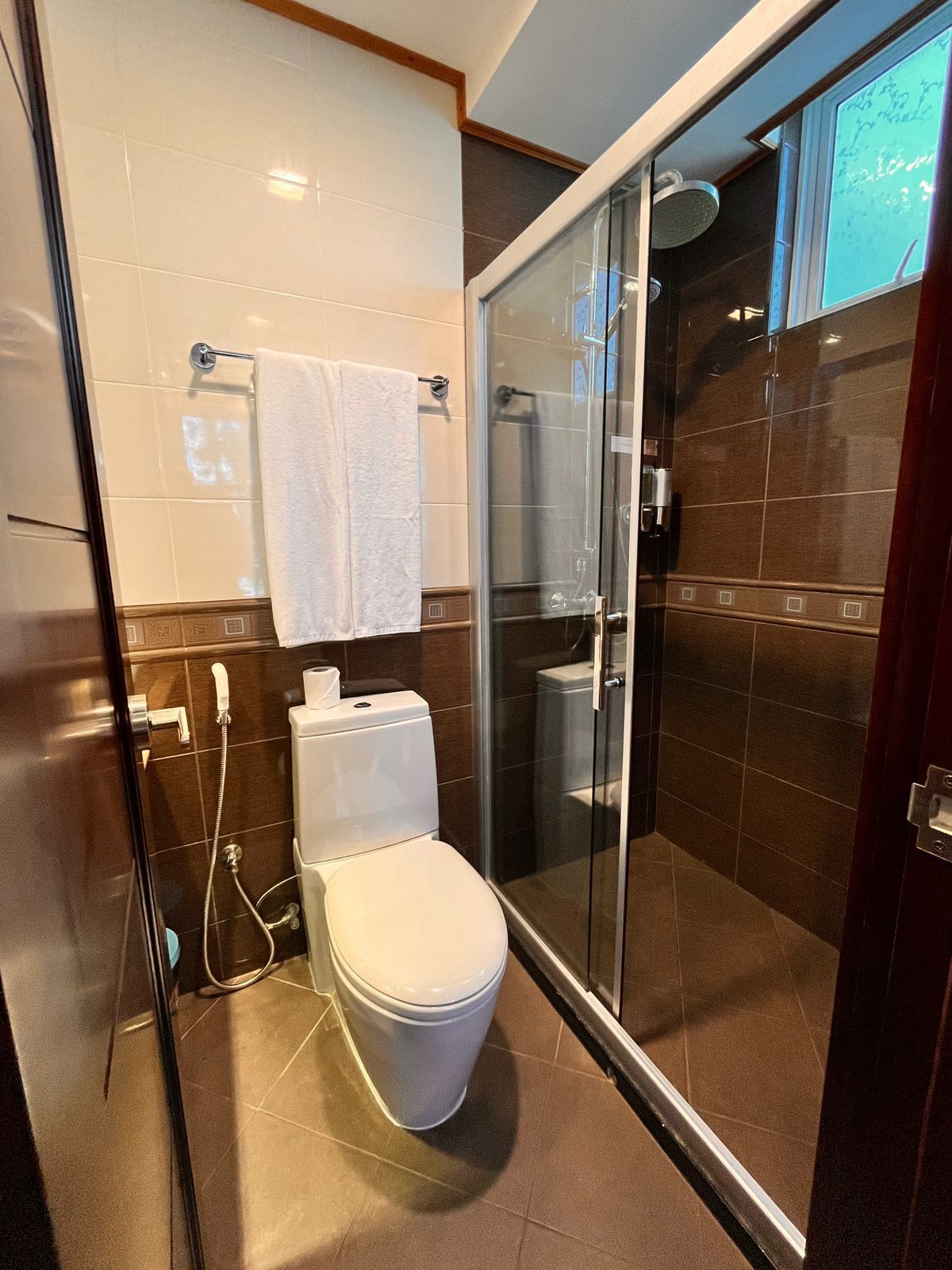 Uma casa de banho moderna com chuveiro em cabine de vidro, sanita e porta-toalhas.
