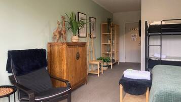 Habitación pequeña con literas, un armario de madera, una silla, una mesita y una planta.