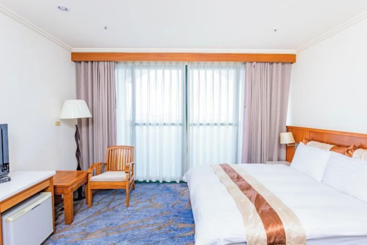 Une chambre d’hôtel avec un lit, un bureau, une chaise, une télévision et des rideaux.