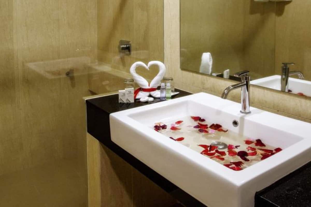 shower, hair dryer, bidet, towels