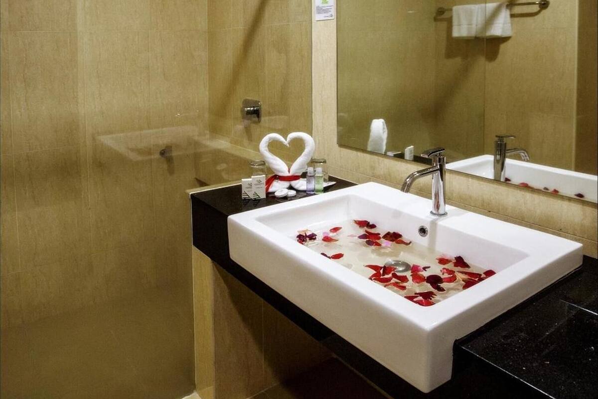 shower, hair dryer, bidet, towels