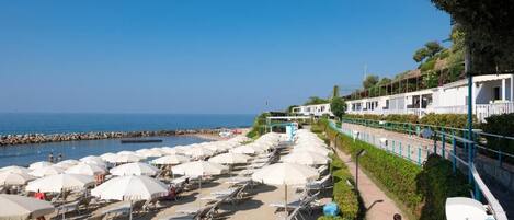 Aan een privéstrand, ligstoelen, parasols, roeien