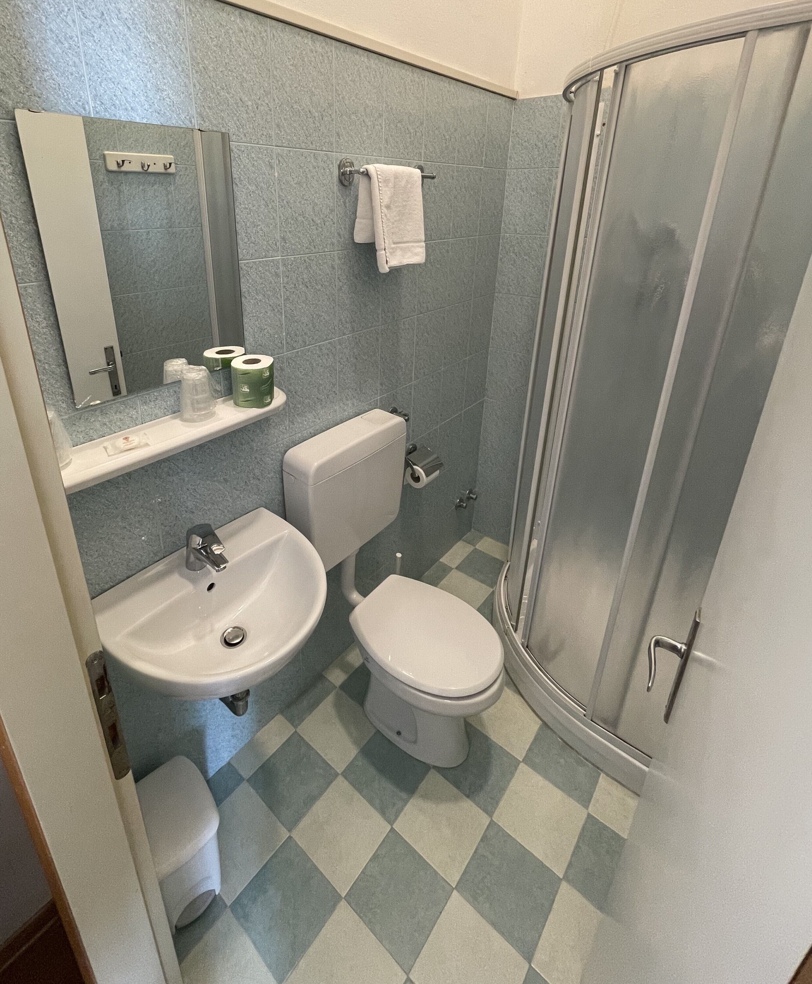 A bathroom with a sink, toilet, and shower.