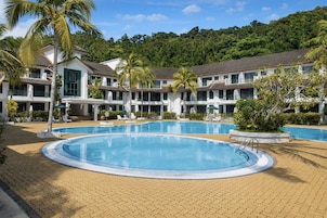Outdoor pool, pool umbrellas, pool loungers