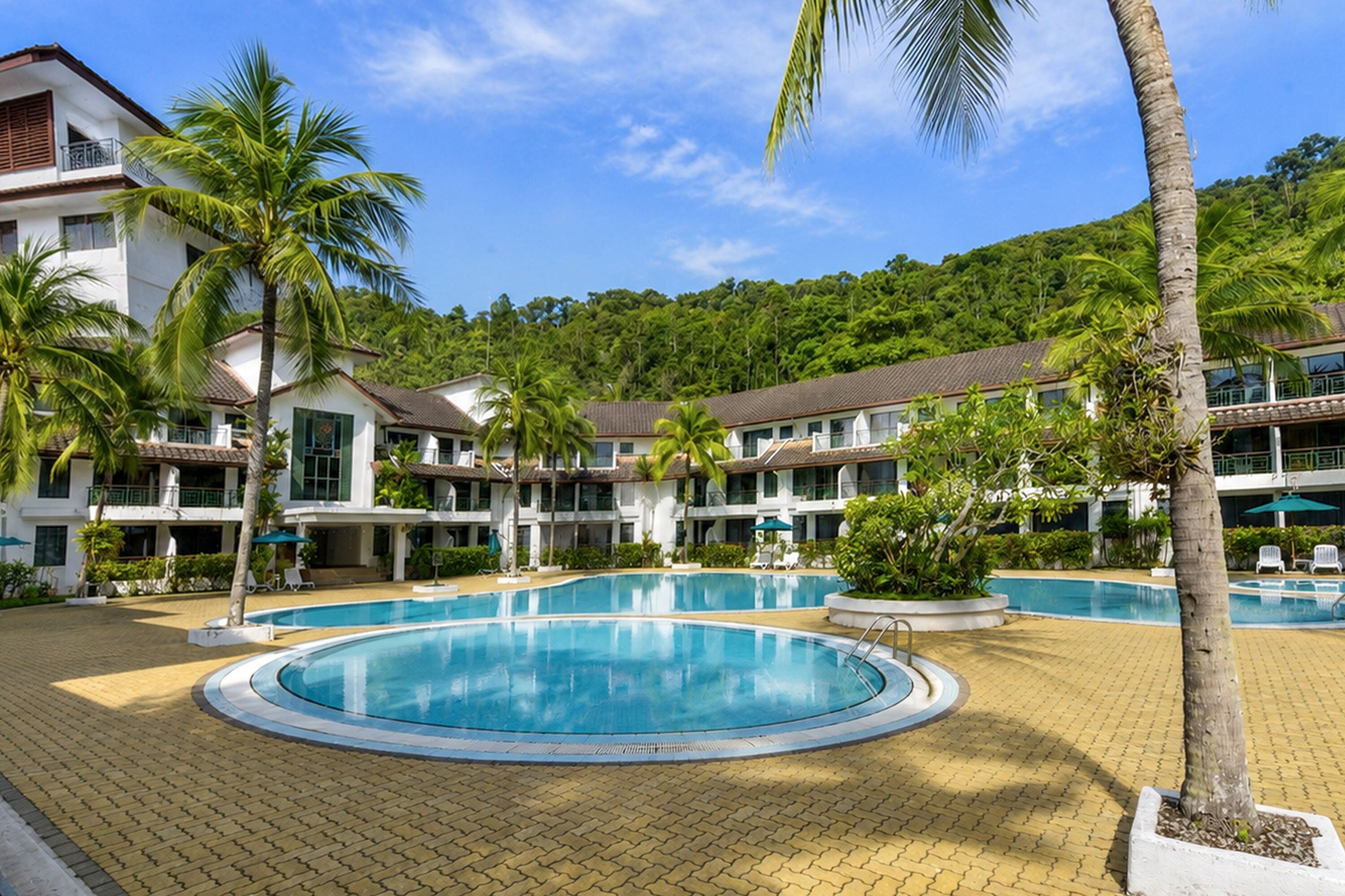 Outdoor pool, pool umbrellas, pool loungers