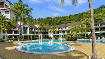 Outdoor pool, pool umbrellas, pool loungers