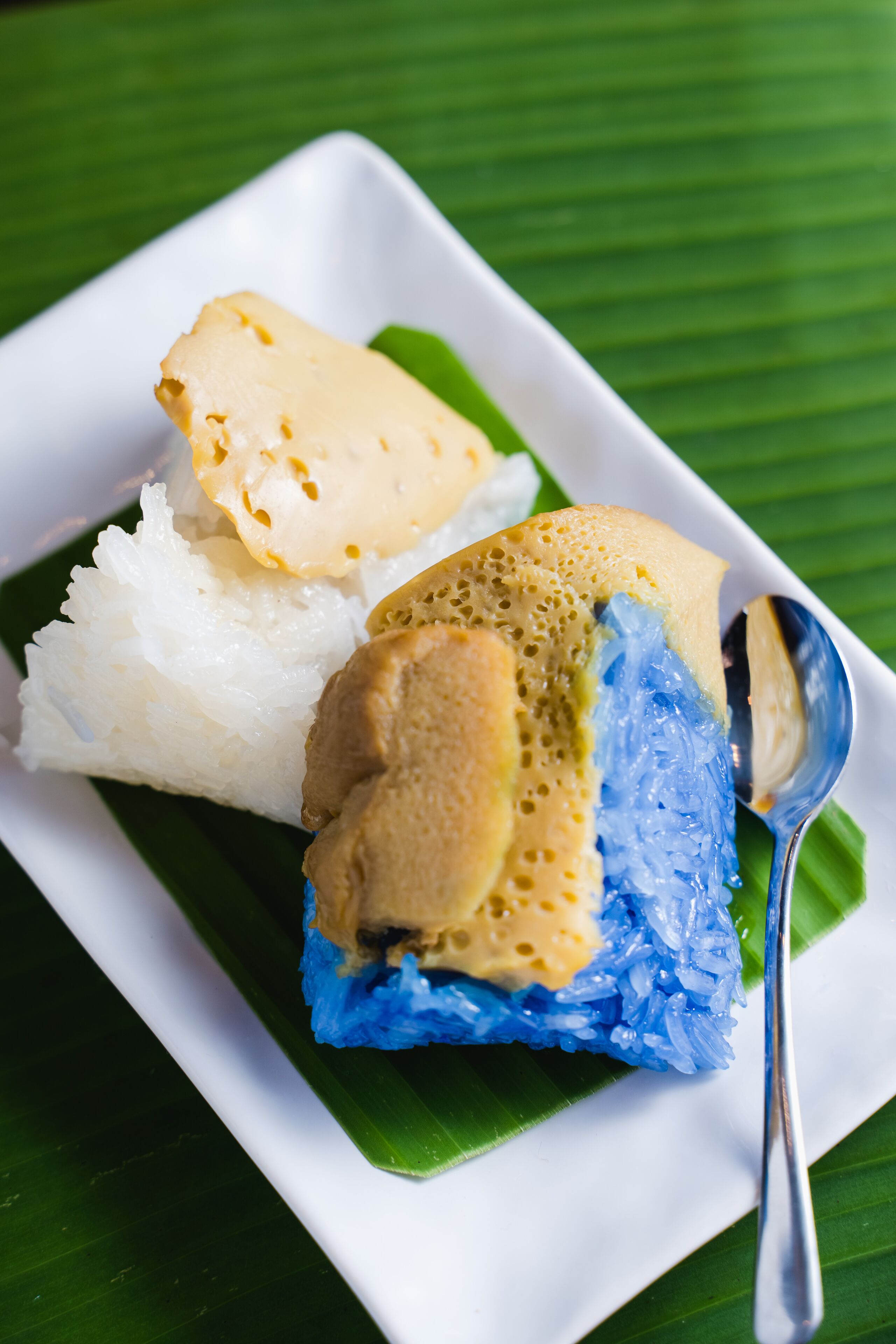 A plate of food with white and blue rice cakes and a yellow dessert, served on a white plate with a spoon.