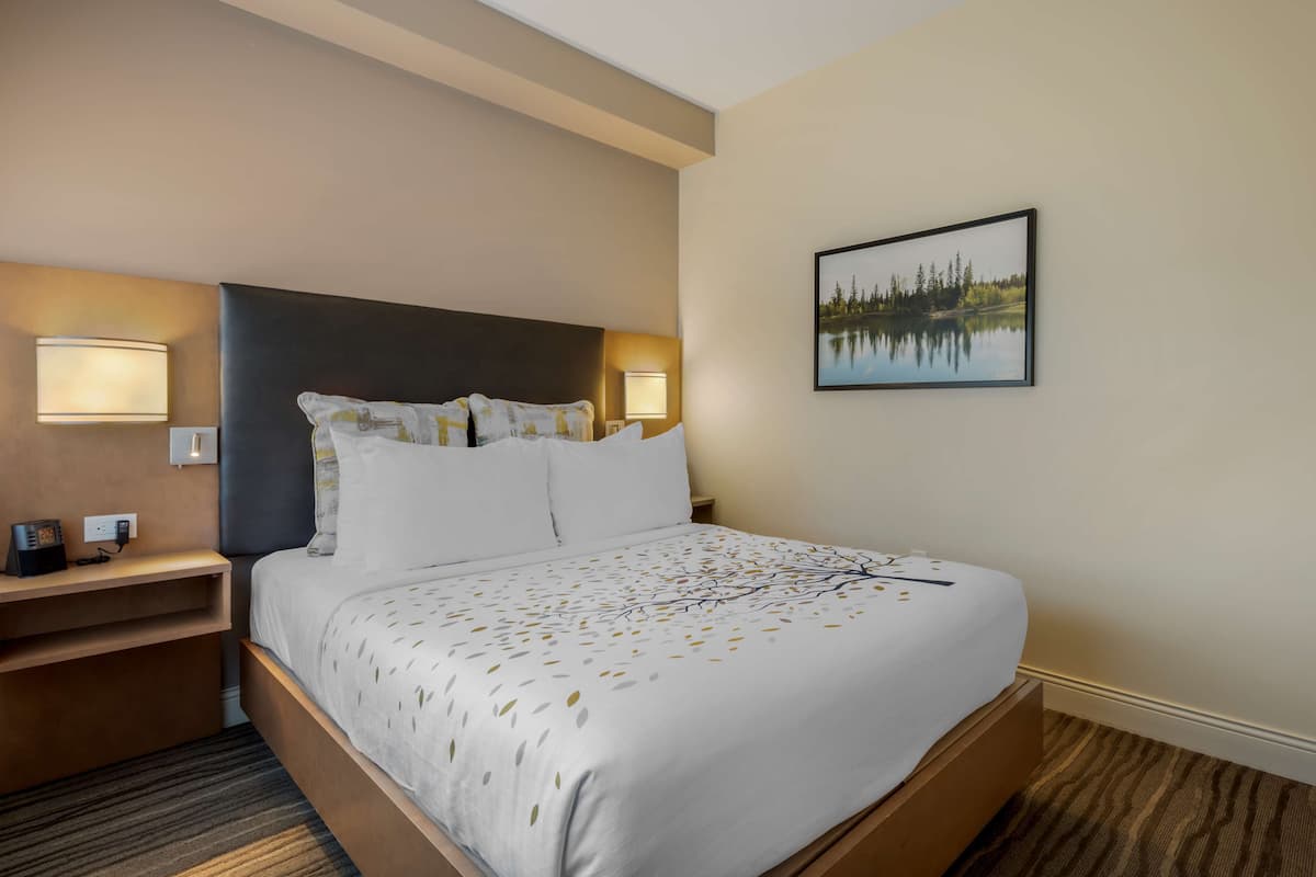A hotel room with a bed, bedside lamps, a nightstand, and a framed picture on the wall.