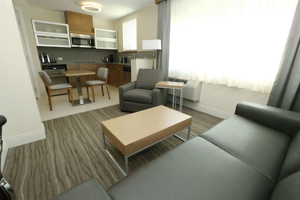 A compact living space with a kitchenette, a dining area, a sofa, and a small table.
