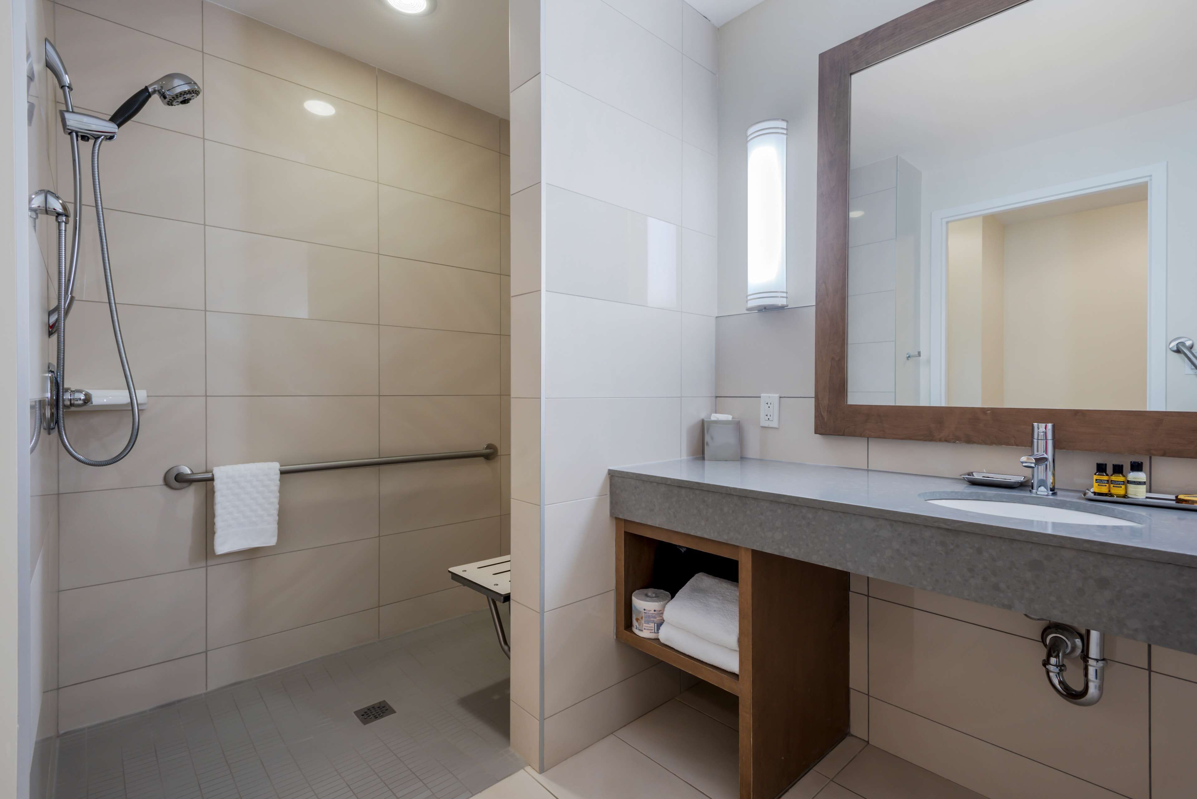 standard room, 1 king bed, accessible, refrigerator & microwave | bathroom | shower, free toiletries, hair dryer, bathrobes