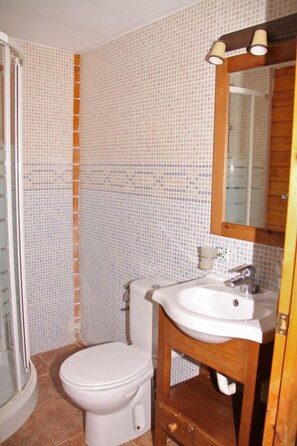 A bathroom with a toilet, sink, and mirror. - Camping Ripolles (Ripoll)
