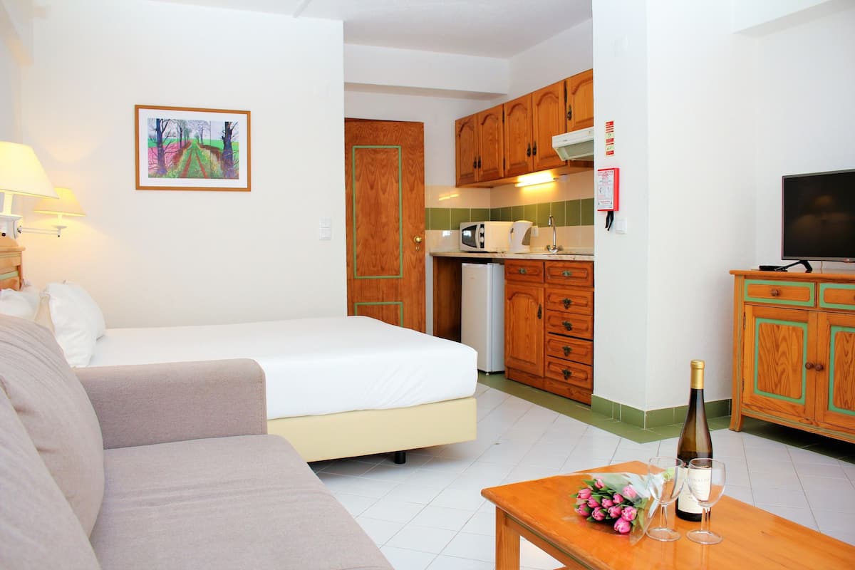 A hotel room with a bed, a sofa, a dining table with a bottle and glasses, a TV, and a kitchen area.