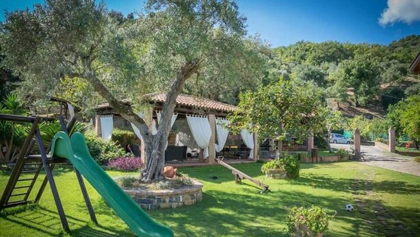 Un patio trasero con un tobogán verde, un conjunto de columpios, una casita de techo de tejas y un jardín exuberante.