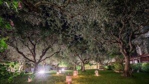 A garden with trees and lanterns. - Castelli Hotel Adults Only - All Inclusive (Zakynthos)