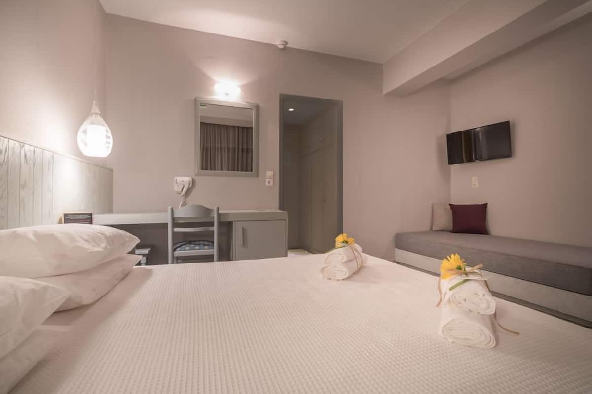 Una camera d'albergo con un letto, una scrivania, una sedia, una televisione e un angolo doccia.