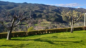Une zone herbeuse avec deux arbres, un mur de pierre et un paysage montagneux en arrière-plan.