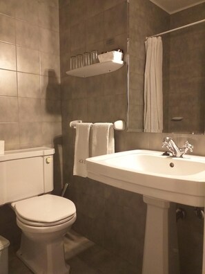Un baño con inodoro, lavamanos y espejo.