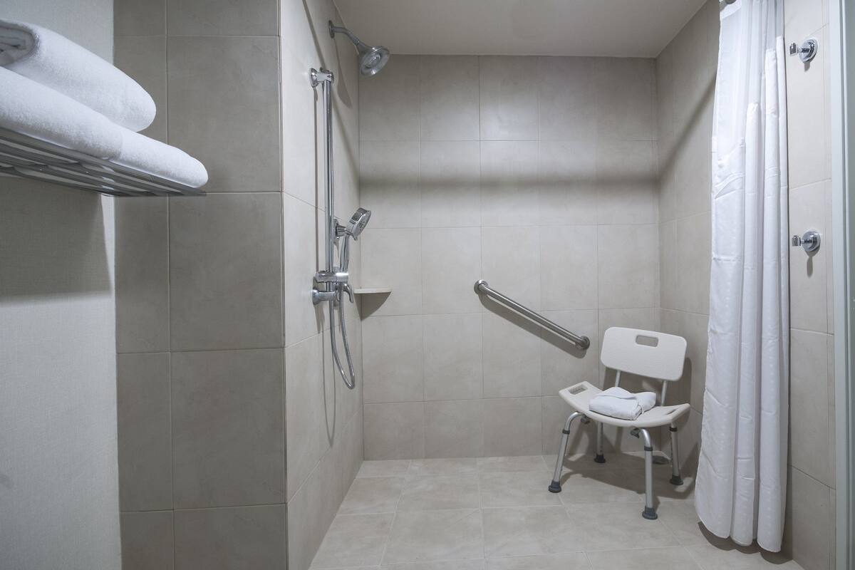Ein kleines, modernes Badezimmer mit Dusche, einer Haltestange und einer barrierefreien Toilette.