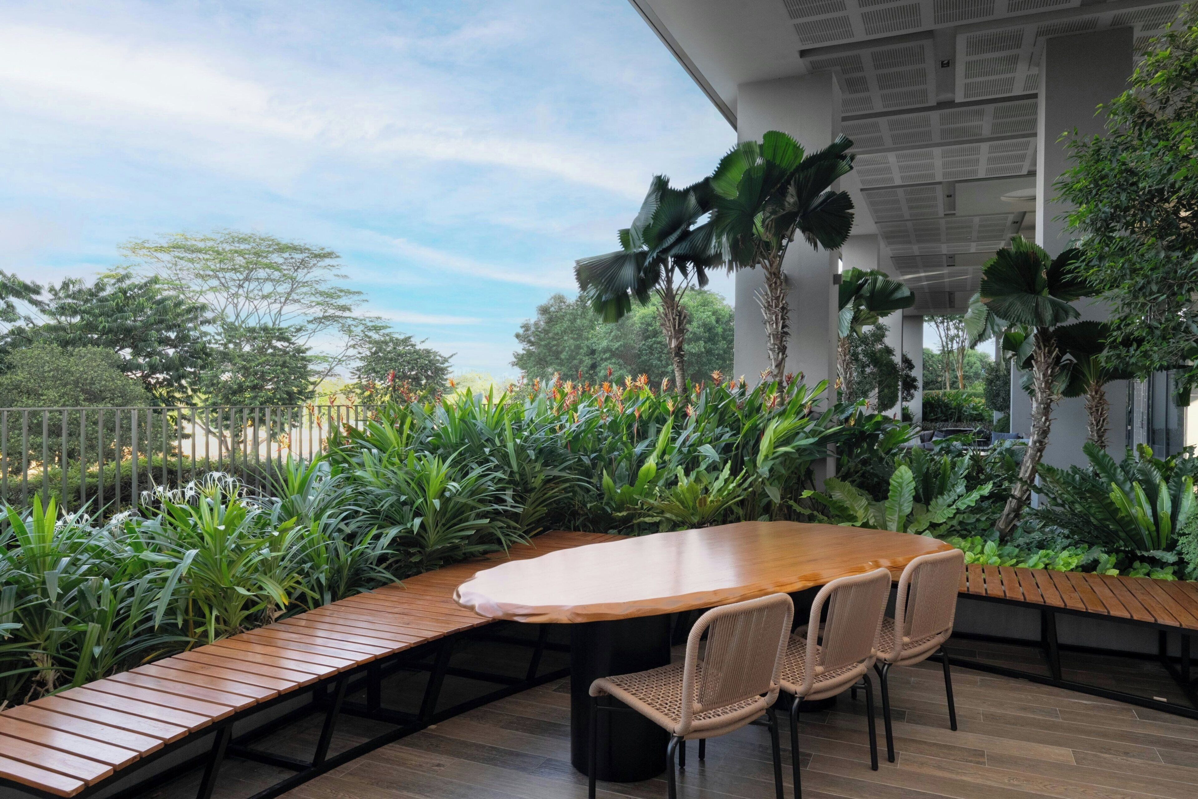 Un espacio de comedor al aire libre con una mesa y sillas de madera, rodeado de abundante follaje y plantas altas.