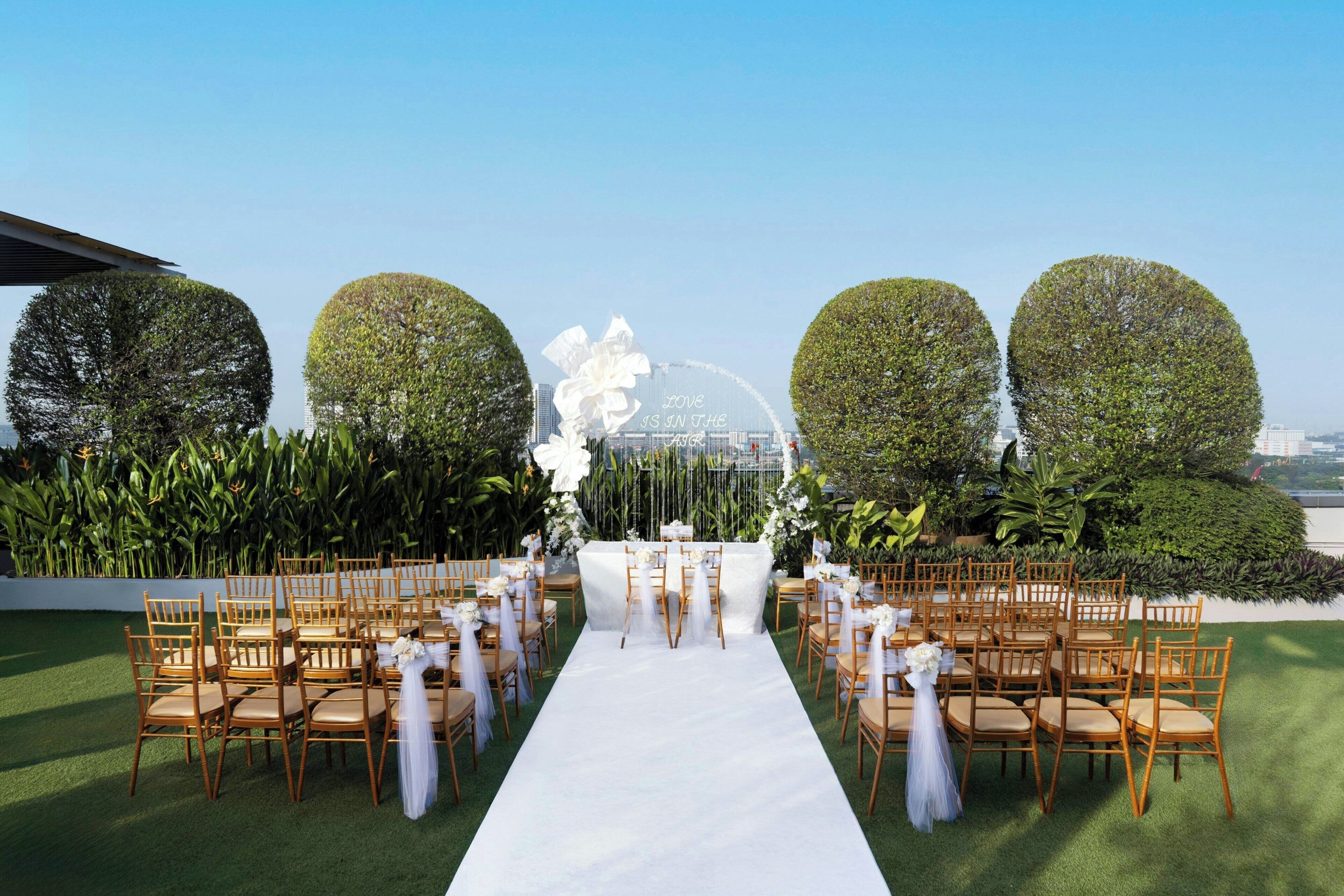An outdoor wedding ceremony setup with a white aisle, wooden chairs, and a backdrop of neatly trimmed trees and plants.