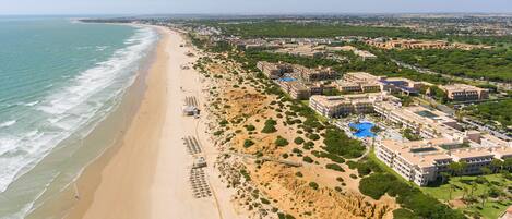 An aerial view of a coastal resort with a sandy beach, a swimming pool, and multiple hotel buildings.