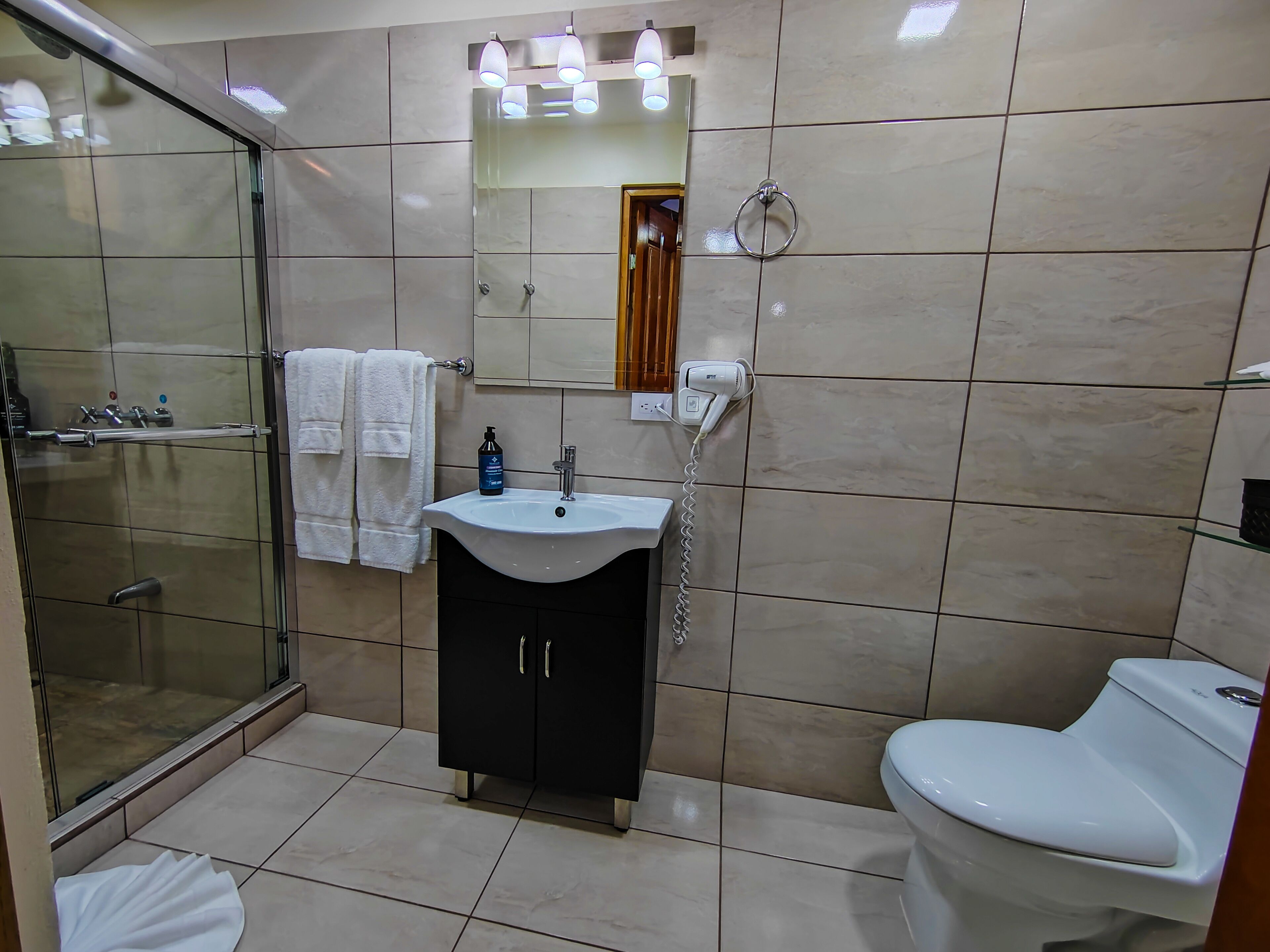 A bathroom with a glass shower enclosure, a sink with a mirror above, a toilet, and a hairdryer on the wall.