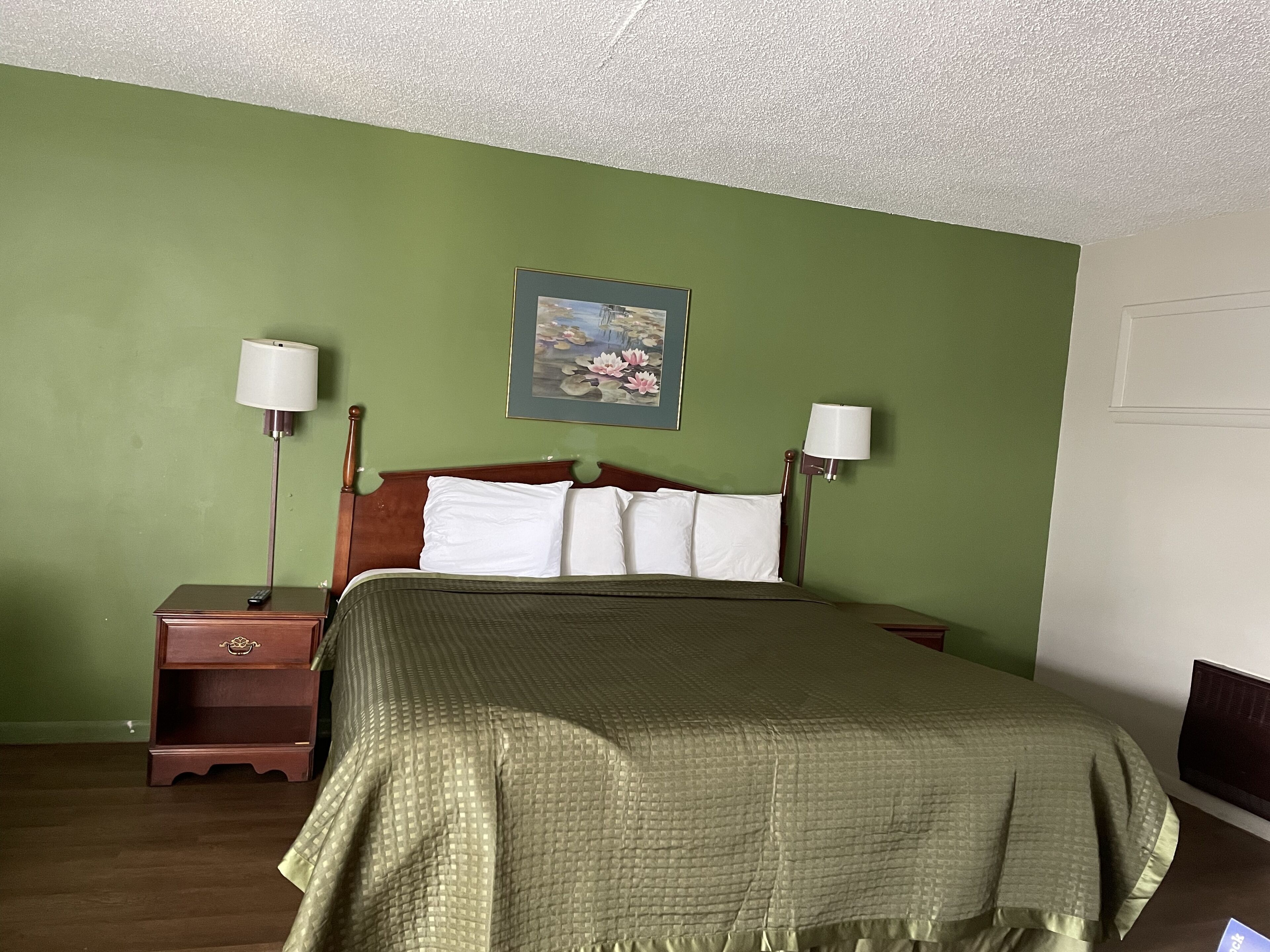 Una habitación de hotel con una cama, dos mesitas de noche, una lámpara de noche, un cuadro y un calentador en la pared.