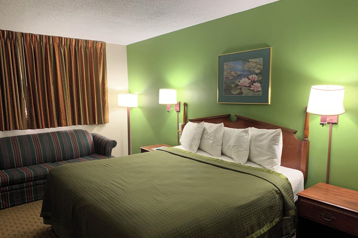 Una habitación de hotel con cama, sofá, dos lámparas de noche, un cuadro y cortinas.