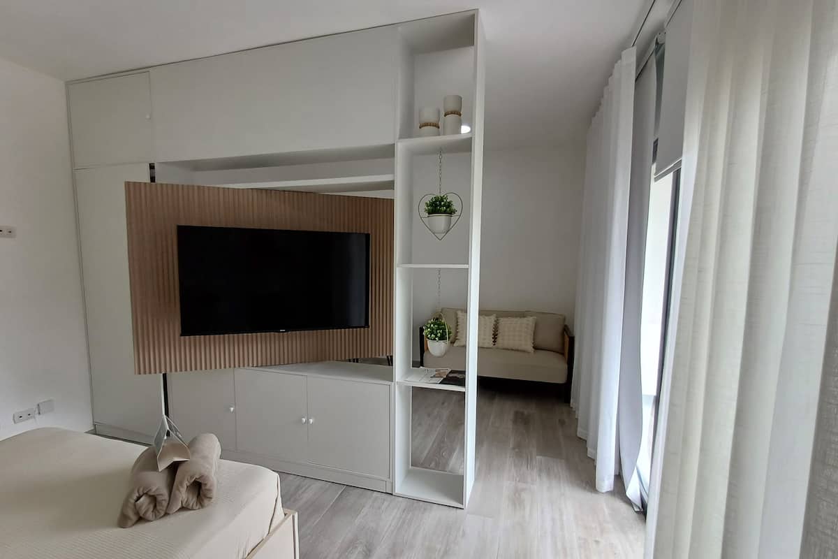 A modern bedroom with a bed, a TV mounted on a wall, a sofa, and a small table with a plant.