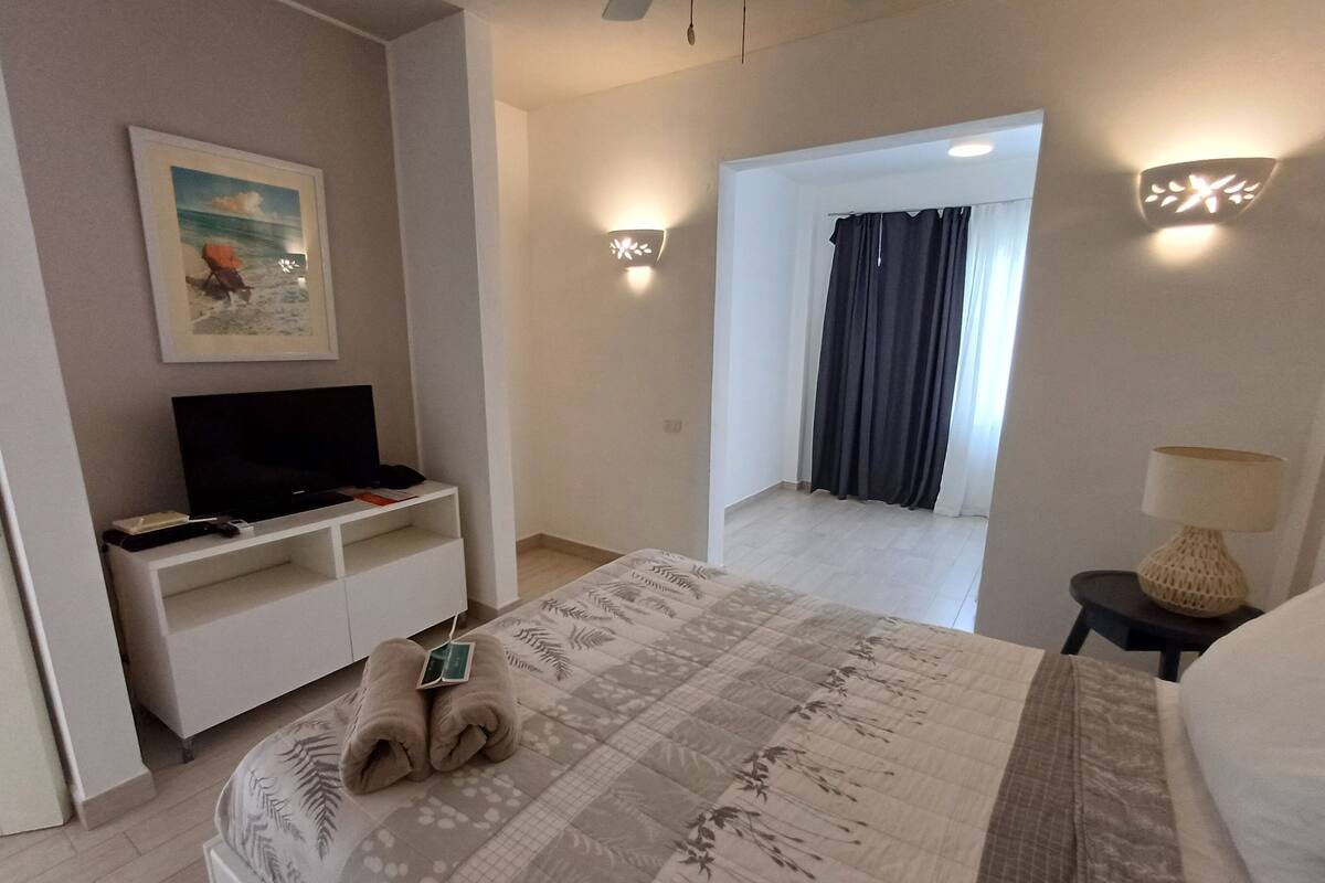 A hotel room with a bed, a TV on a stand, a painting on the wall, and a view of the hallway.