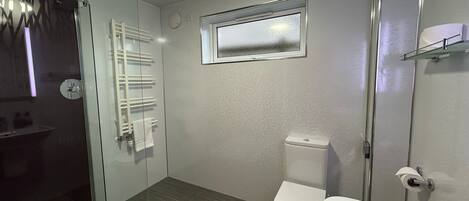 Une salle de bain moderne avec une douche à parois de verre, des toilettes et une baignoire.