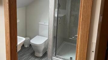 Un baño con tragaluz, ducha e inodoro.