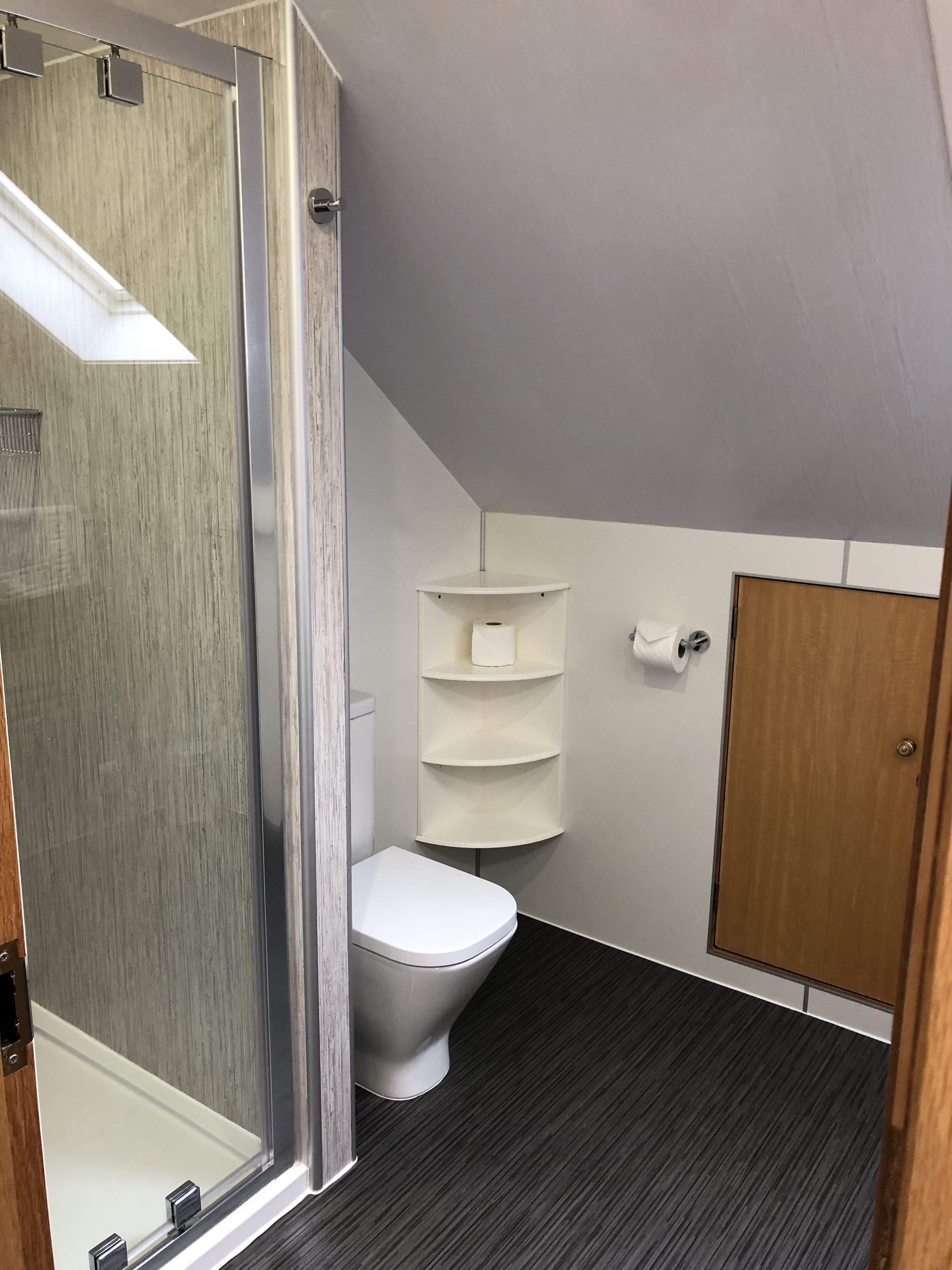 A modern bathroom with a glass shower enclosure, a white toilet, a wooden door, and a white shelf with toiletries.