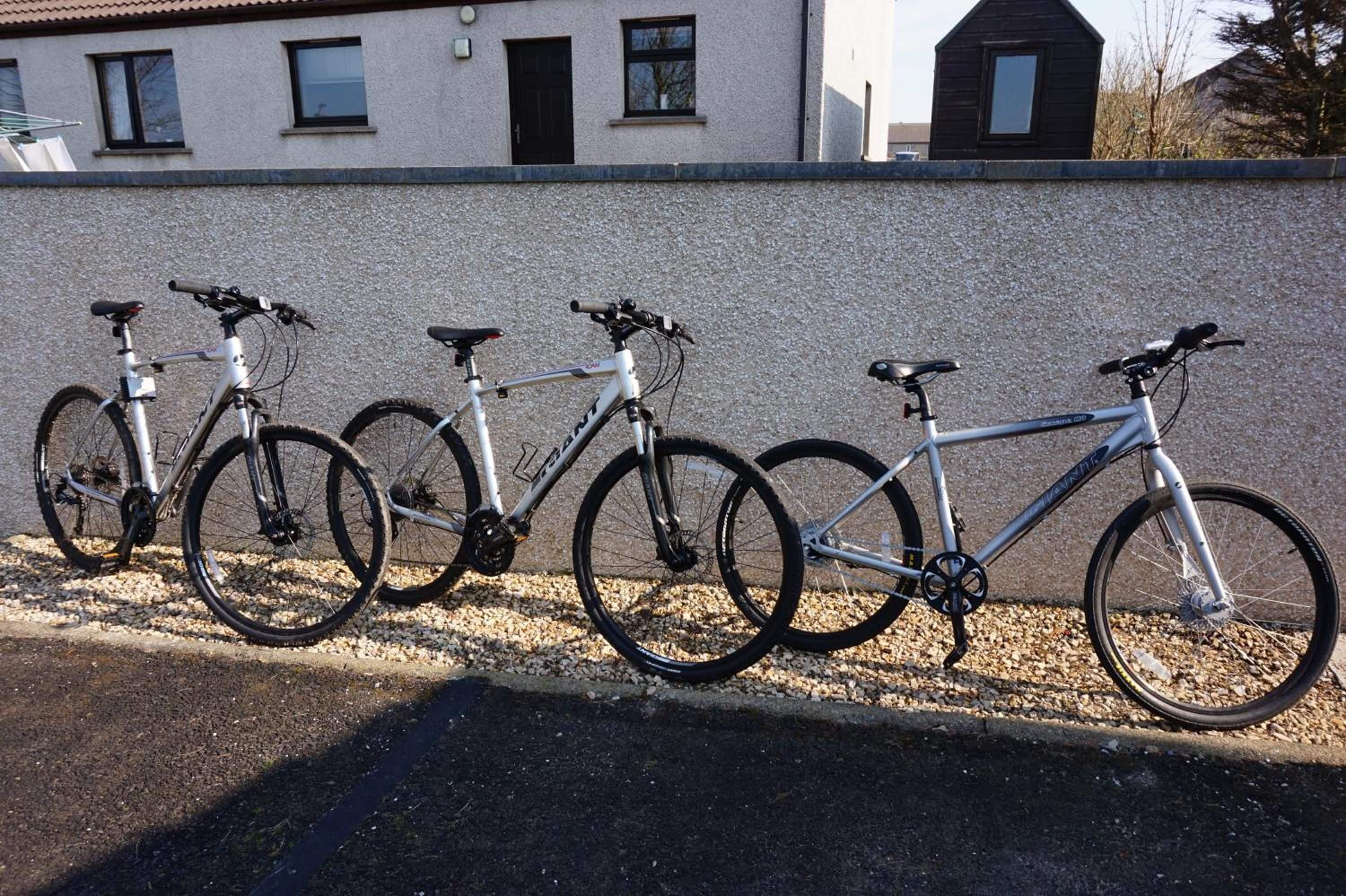 Varias bicicletas estacionadas junto a una pared, con un edificio al fondo.