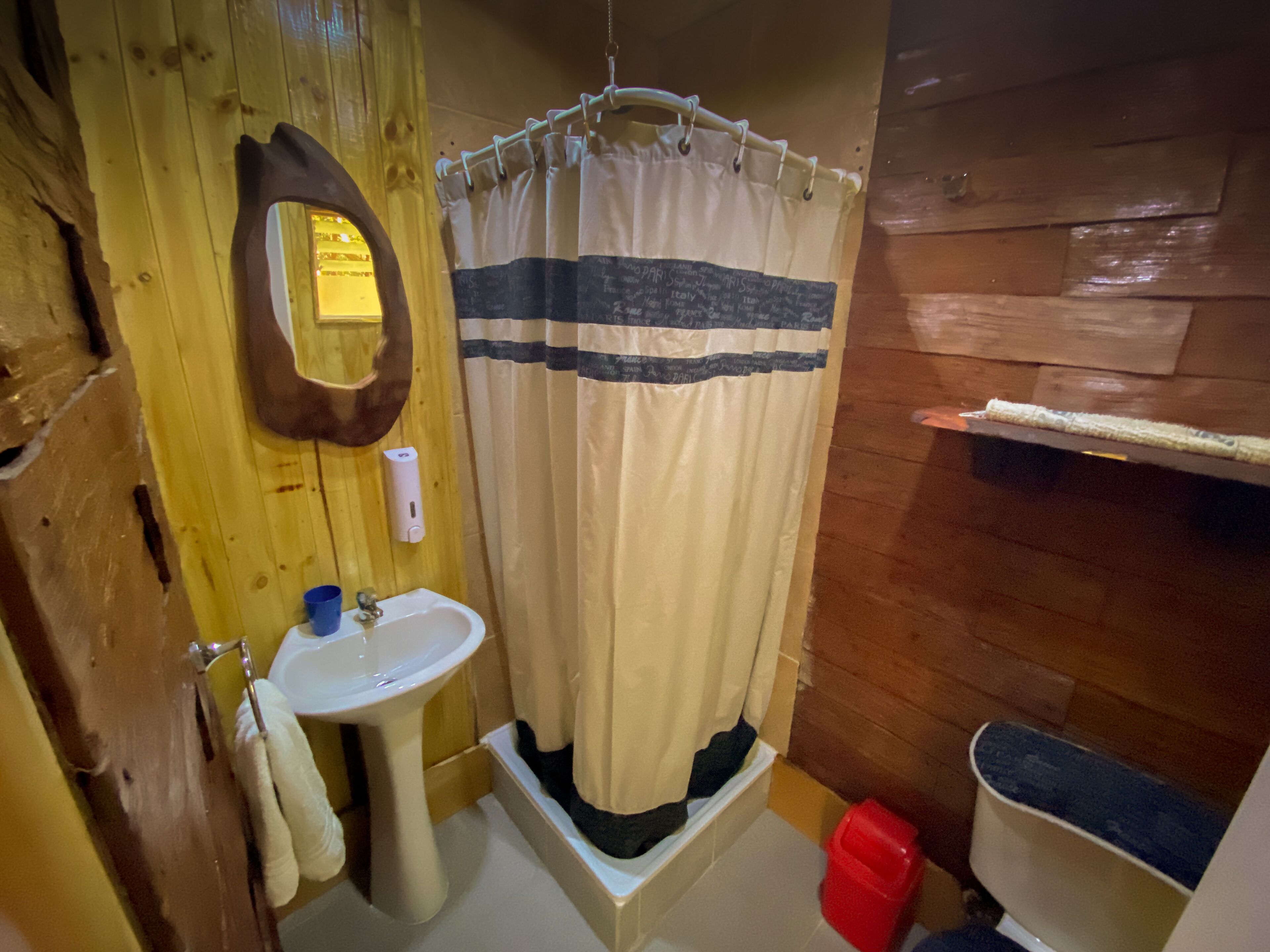 A wooden bathroom with a sink, mirror, and shower curtain.