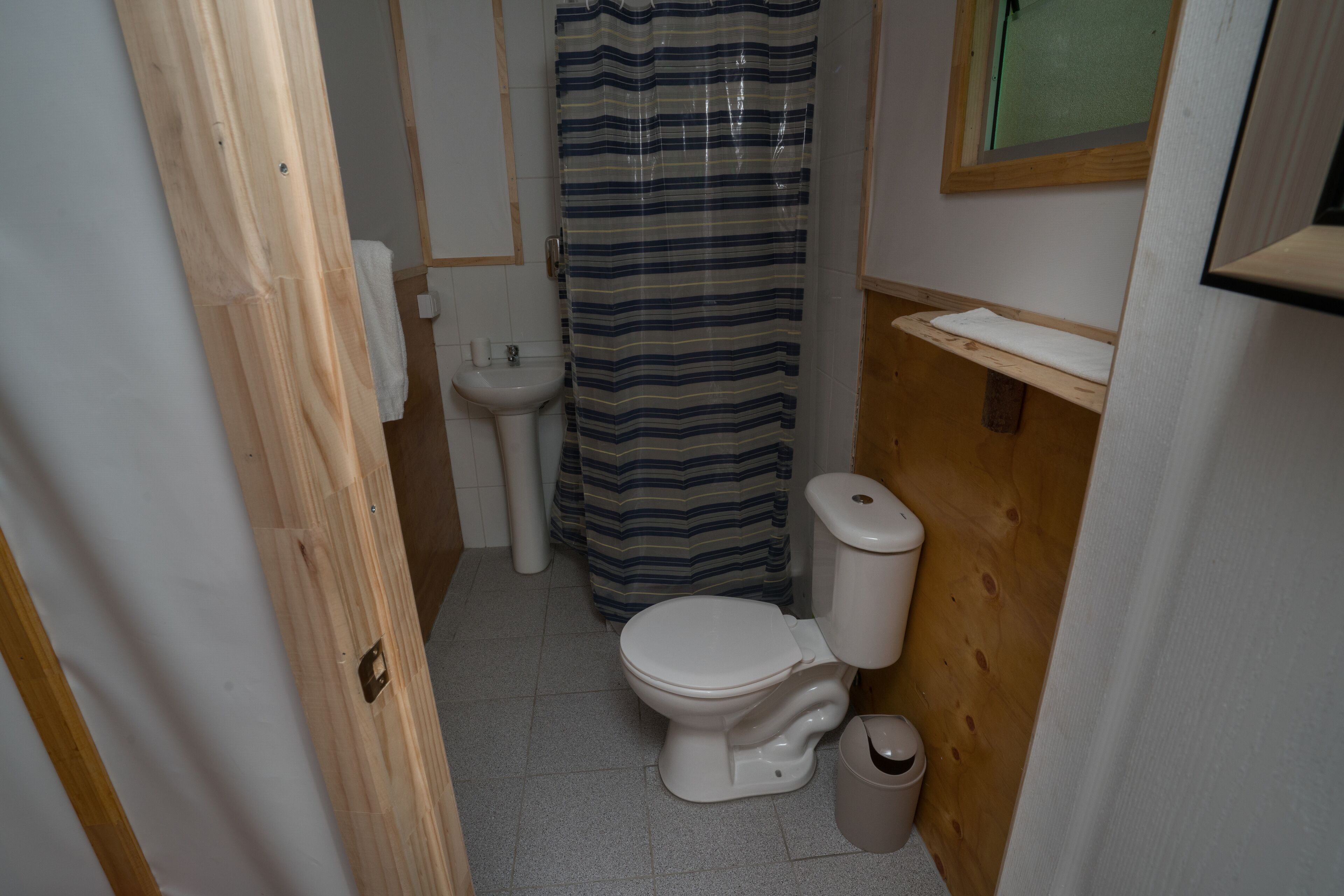 A small, compact bathroom with a white toilet, a wooden vanity, a sink, and a shower curtain.