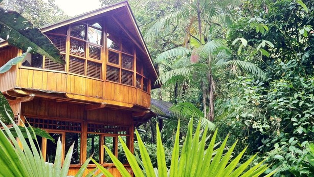 Uma casa de madeira com várias janelas e varandas, rodeada por vegetação exuberante.