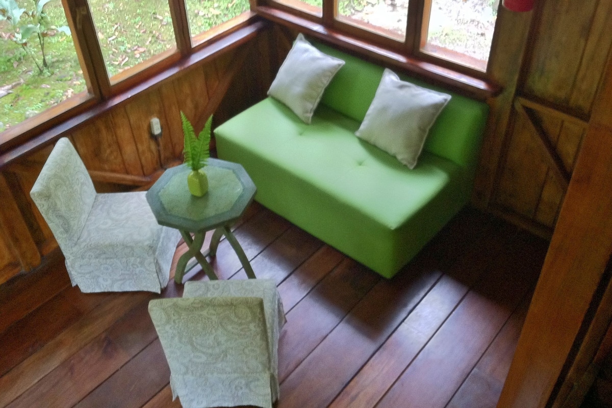 A wooden cabin interior with a green sofa, two chairs, and a small table with a plant.