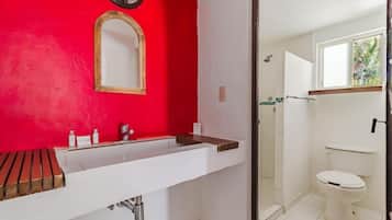 Ducha, secador de pelo, toallas, jabón