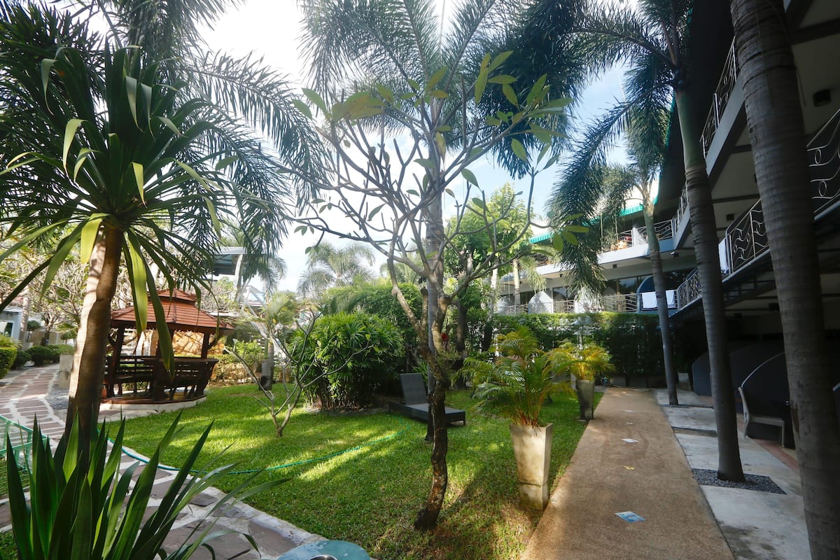 A courtyard with palm trees, a gazebo, and a pathway.