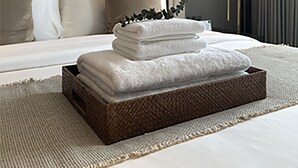 A modern hotel room with a large bed, a headboard with vertical panels, a bedside lamp, and a decorative plant.
