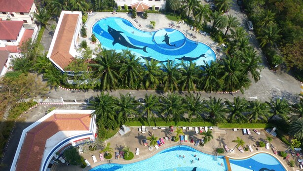 Une grande piscine ornée de fresques représentant des dauphins, entourée de palmiers et de chaises longues.