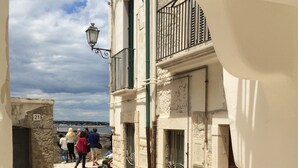 A narrow stone-paved street with buildings on either side, a metal gate, and a street lamp. - B&B Petali Rosa (Polignano a Mare)