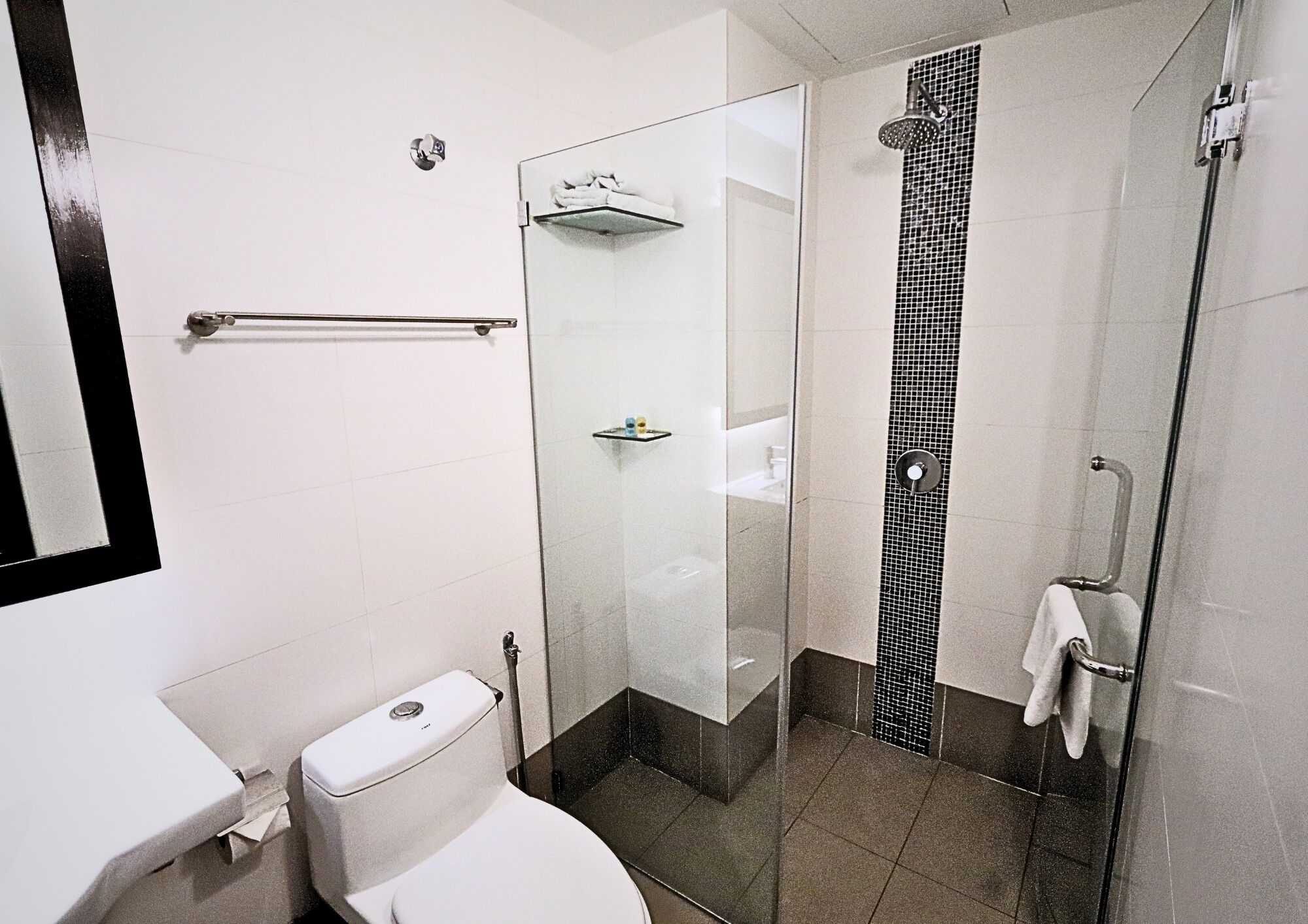 A modern bathroom with a toilet, a glass shower enclosure, and a glass door.