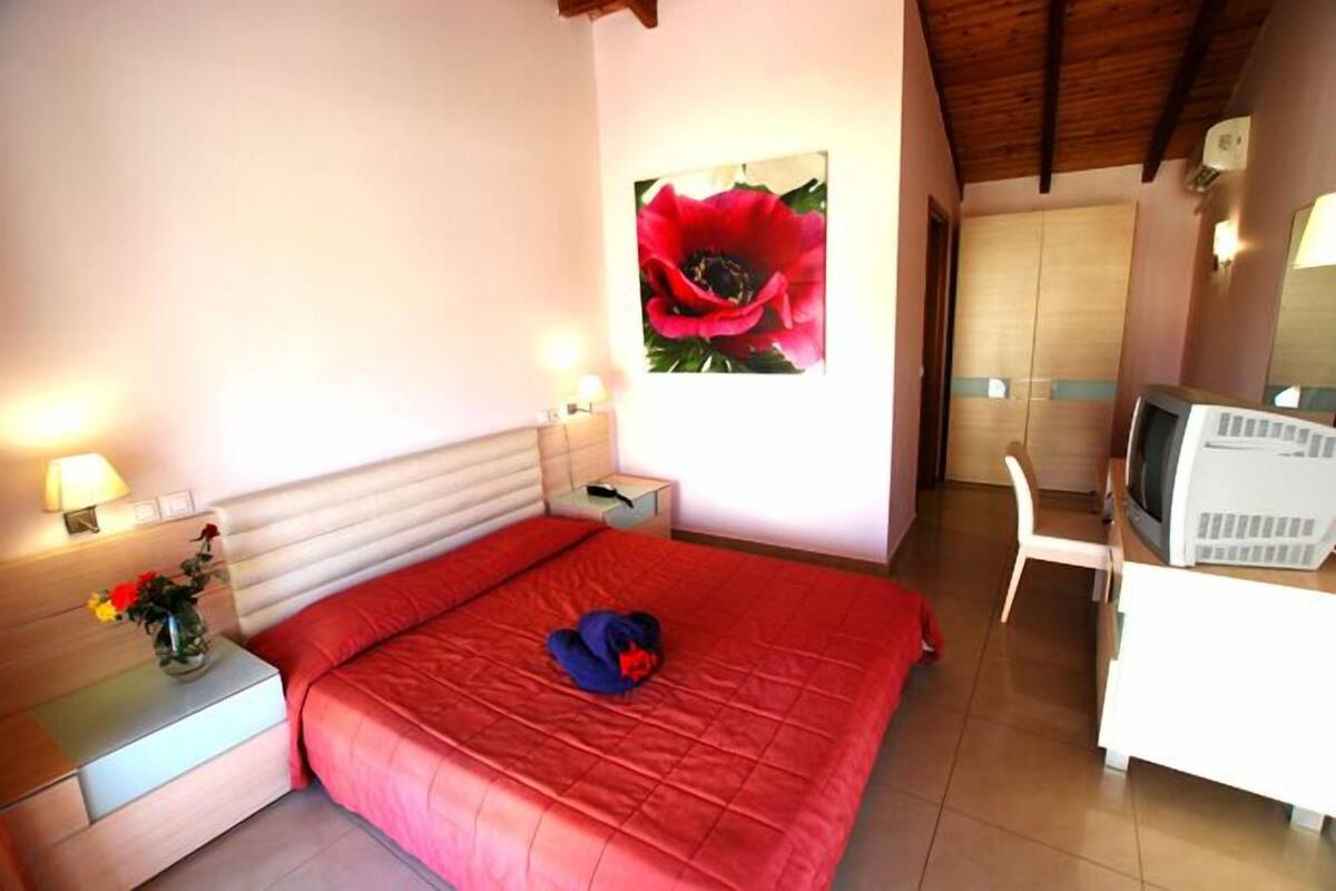 A bedroom with a bed, a nightstand with a lamp, a TV, and a painting of a red flower on the wall.