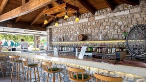A rustic bar area with stone walls, wooden bar stools, and a variety of bottles and glasses. - Aegean View Aqua Resort (Kos)