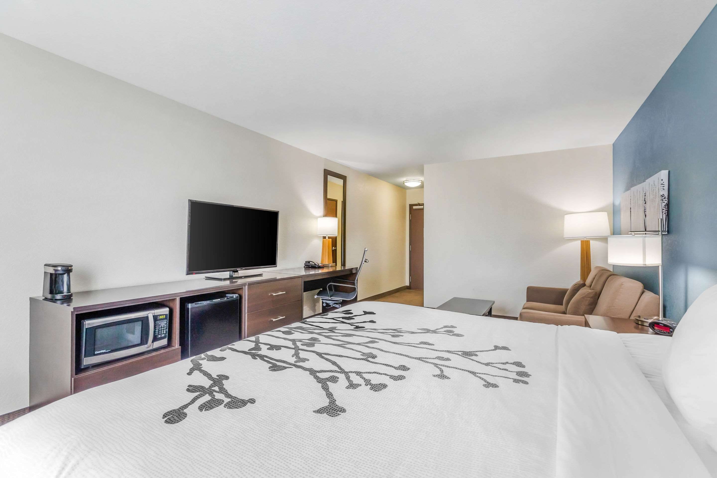 A hotel room with a bed, a television, a desk with a microwave, a chair, and a lamp.