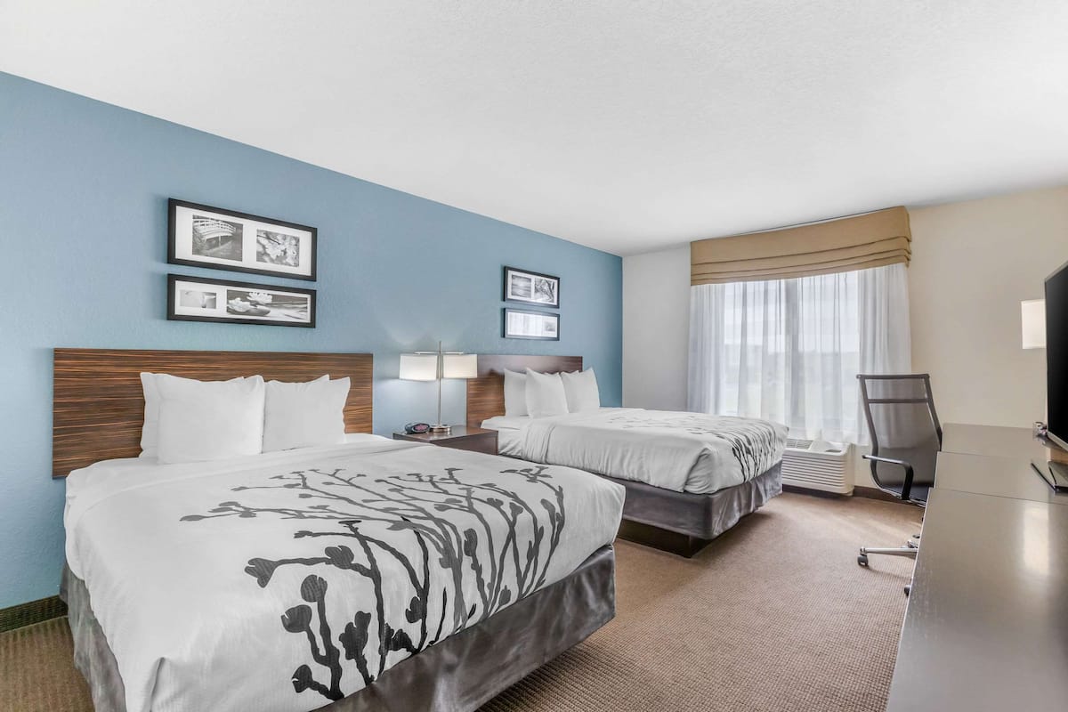 A hotel room with two beds, a desk, a chair, and a TV. There are framed pictures on the wall and a window with curtains.